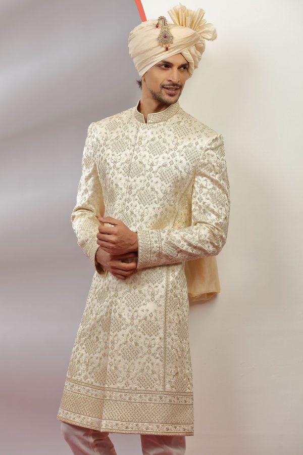 Rich Cream Silk Sherwani Set 40185 - Image 2