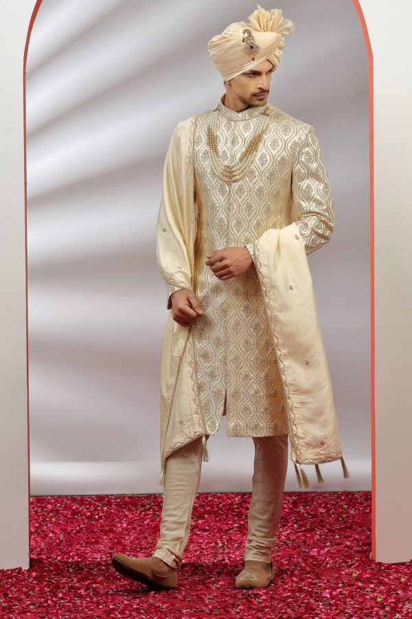 Classic Cream Silk Sherwani Set 40135