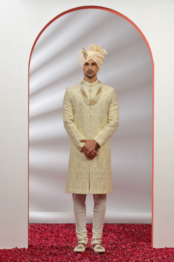 Royal Cream Gold Embroidered Sherwani Set 40134