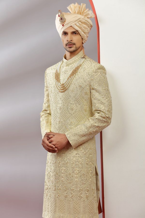 Royal Cream Gold Embroidered Sherwani Set 40134 - Image 2