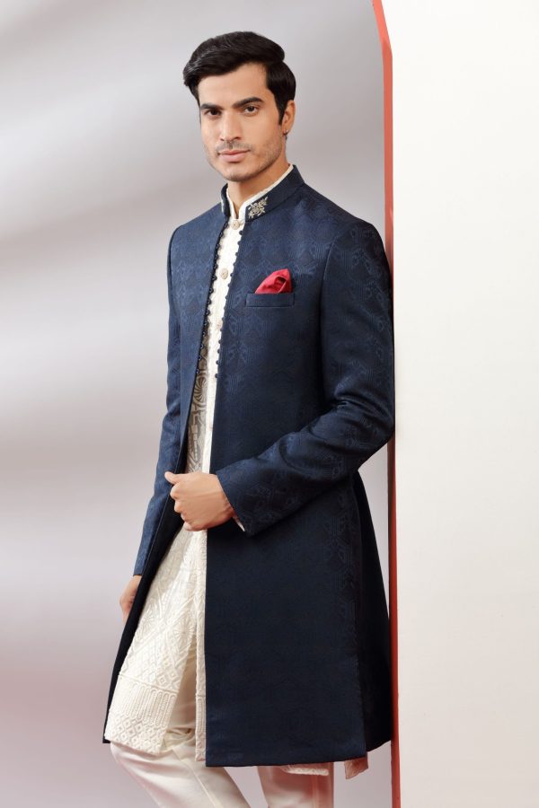 Navy Blue Jacquard Fusion Kurta Indo Western 40097 - Image 2