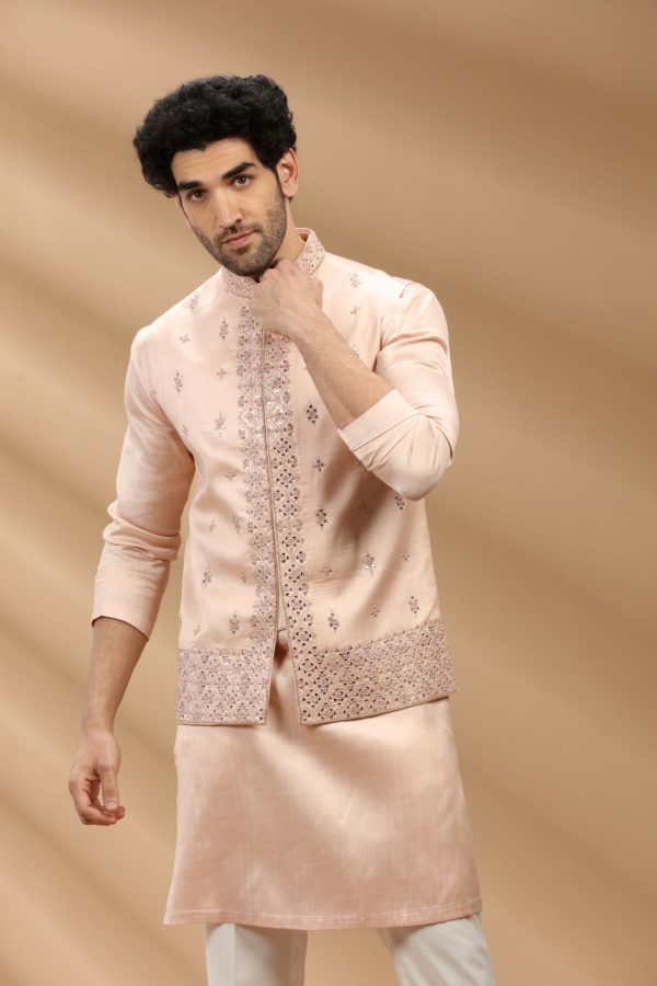 Peach color art slik fabric Mens kurta set with waistcoat 80482