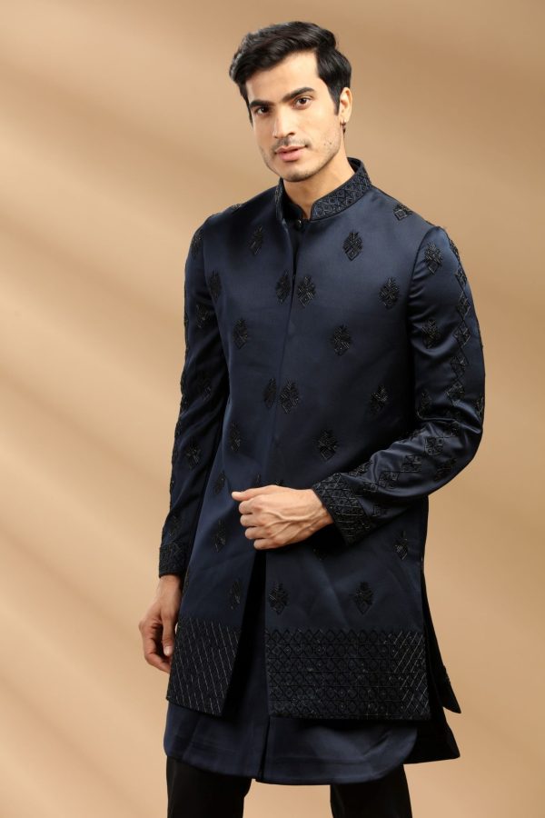 Navy Blue color Suiting fabric Mens kurta set with waistcoat 80479 - Image 2