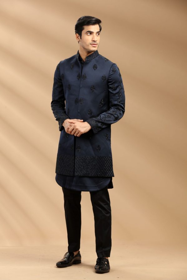 Navy Blue color Suiting fabric Mens kurta set with waistcoat 80479