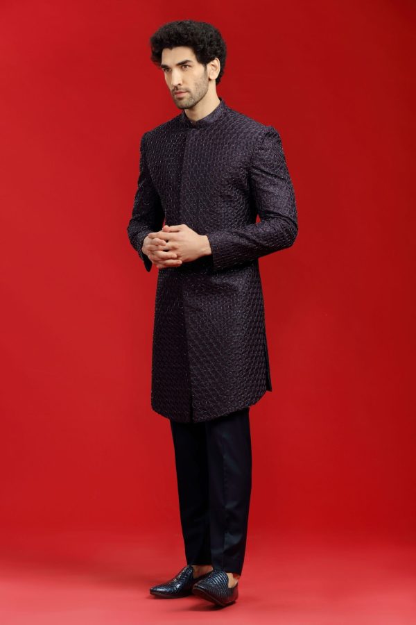 Deep Wine Marron Embellished Cocktail Sherwani Set 40092