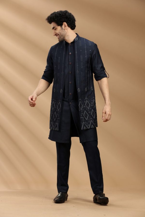 Navy Blue color Suiting fabric Mens kurta set with waistcoat 80412