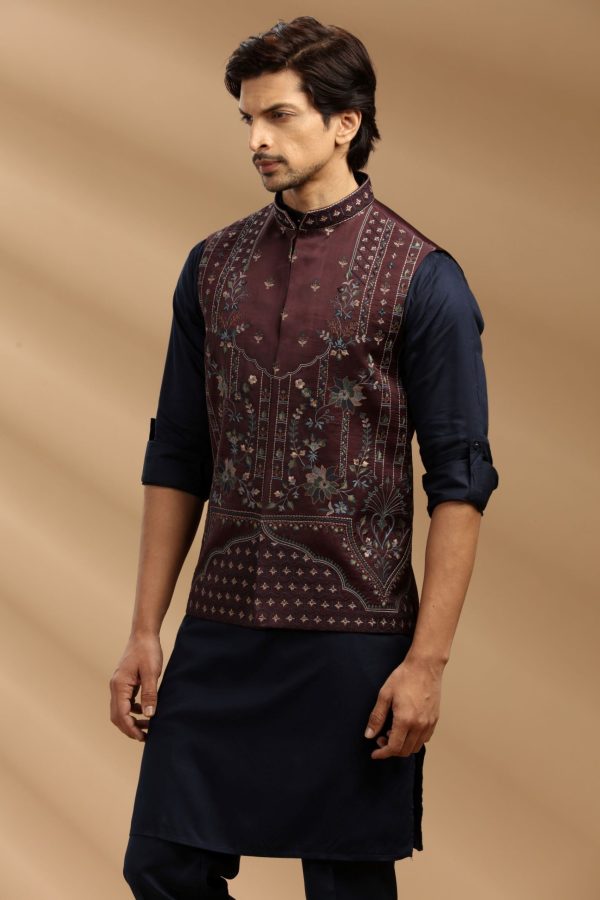 Wine/Navy Blue color Suiting fabric Mens kurta set 80464 - Image 2