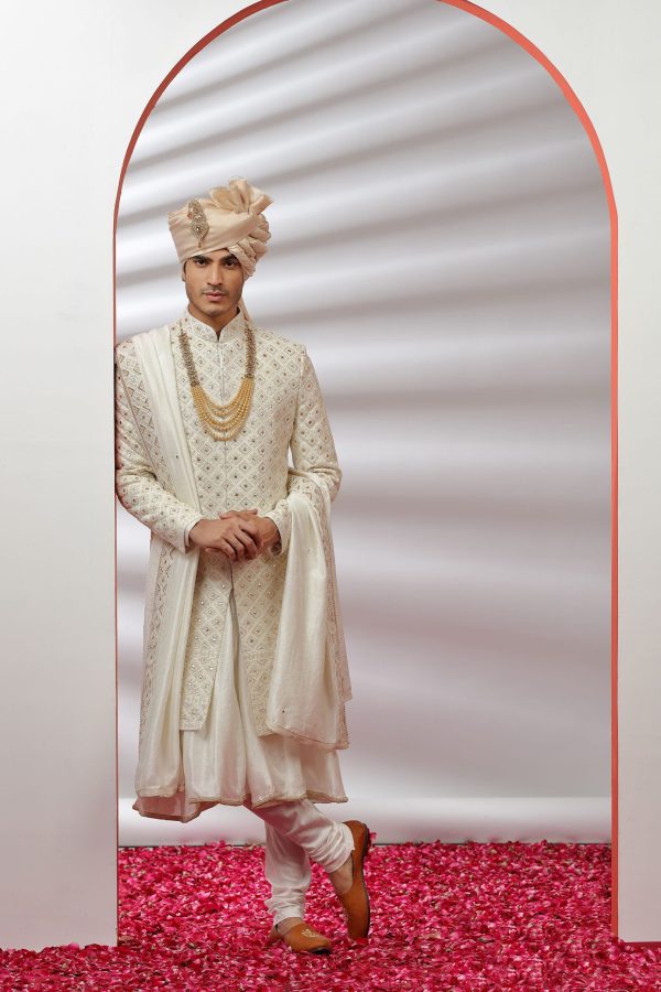 Traditional Frost Off White Embroidered Sherwani Set 40081 - Image 2