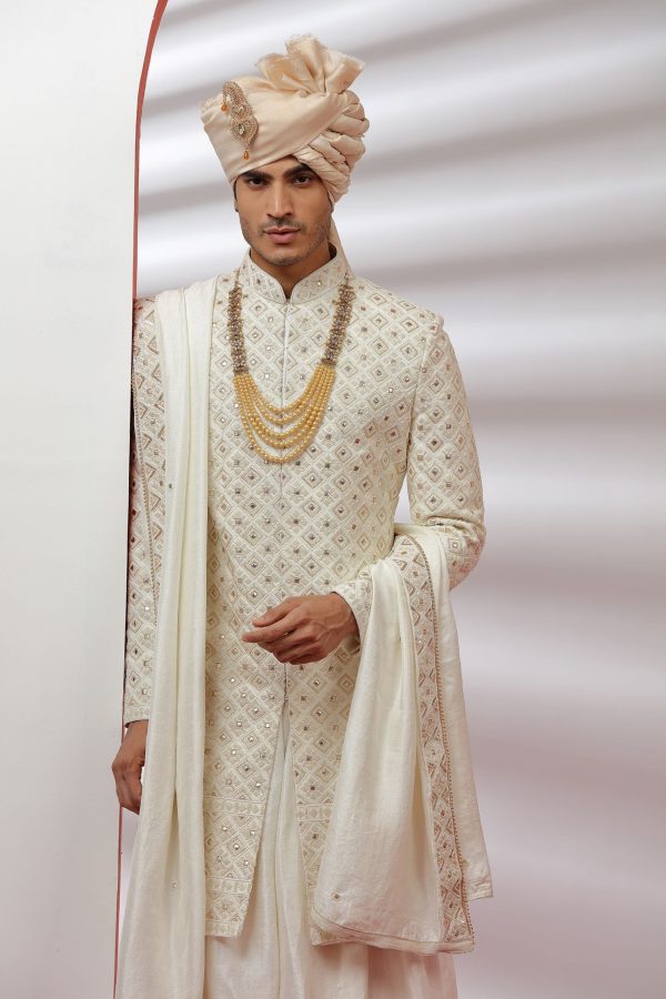 Traditional Frost Off White Embroidered Sherwani Set 40081 - Image 3