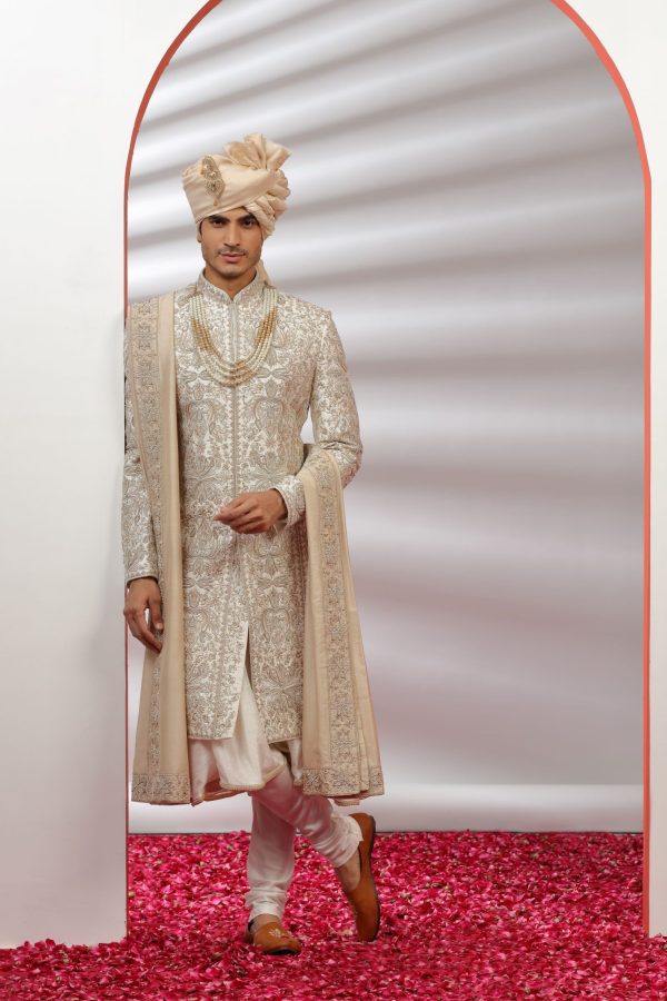 Royal Cream Gold Embroidered Sherwani Set 40055 - Image 3