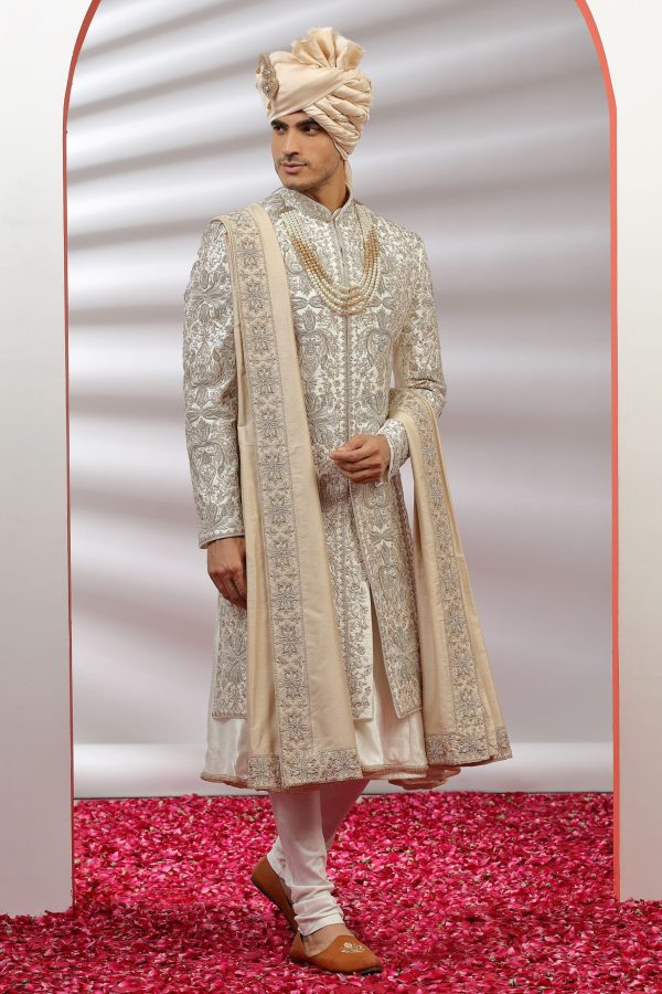 Royal Cream Gold Embroidered Sherwani Set 40055