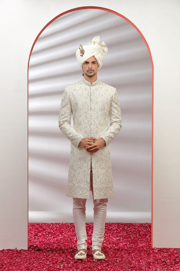 Traditional Frost Off White Embroidered Sherwani Set 40200