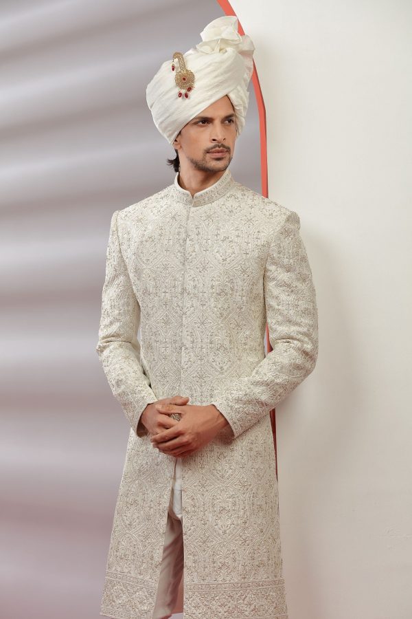 Traditional Frost Off White Embroidered Sherwani Set 40200 - Image 2