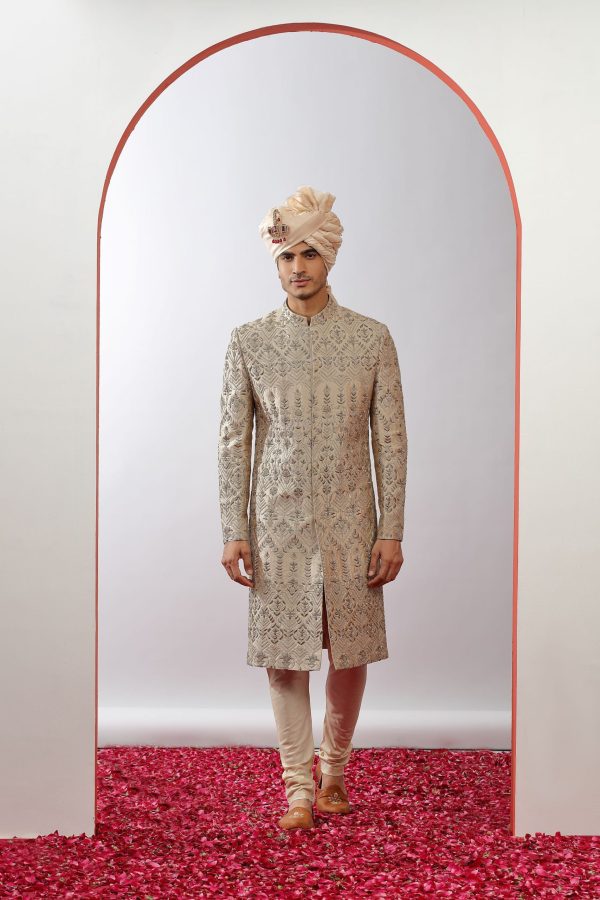 Classic Golden Beige Embellished Pure Raw Silk Sherwani Set 40102