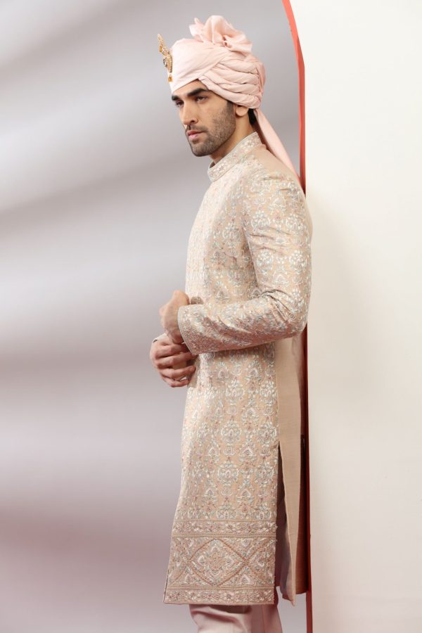 Rare Peach Embroidered Sherwani Set With Intricate Threadwork 40172 - Image 3