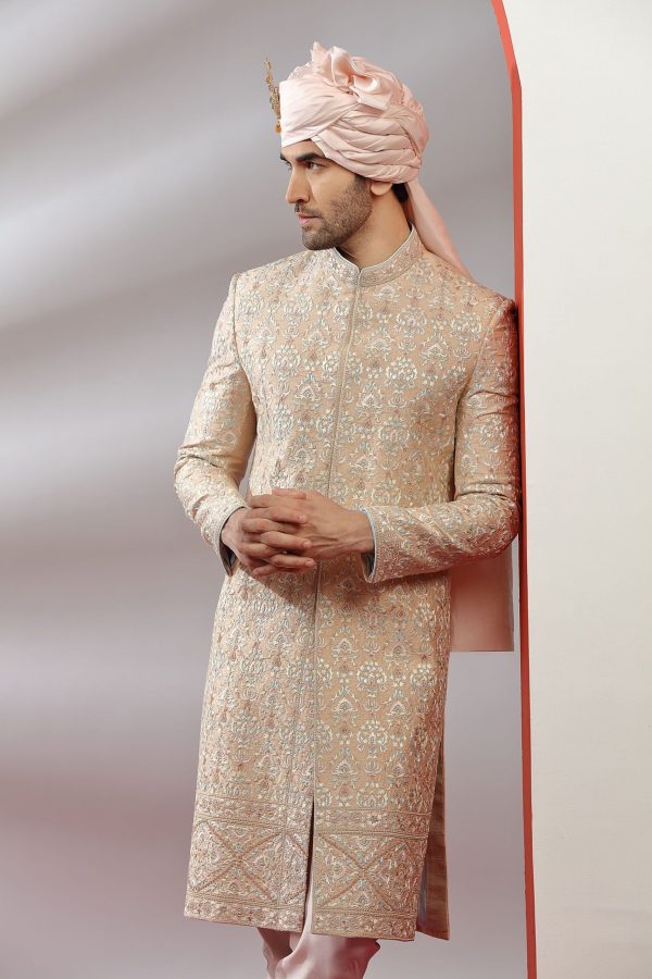 Rare Peach Embroidered Sherwani Set With Intricate Threadwork 40172 - Image 2