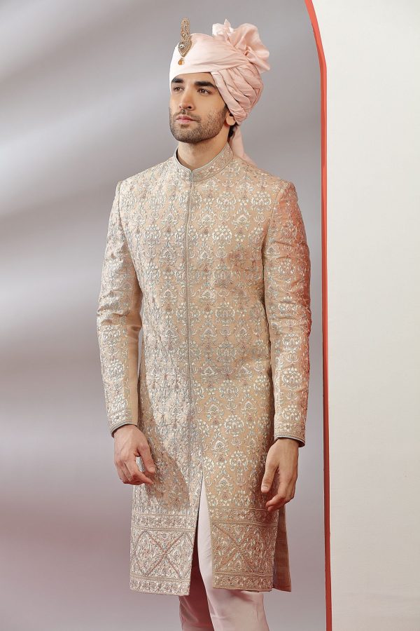 Rare Peach Embroidered Sherwani Set With Intricate Threadwork 40172