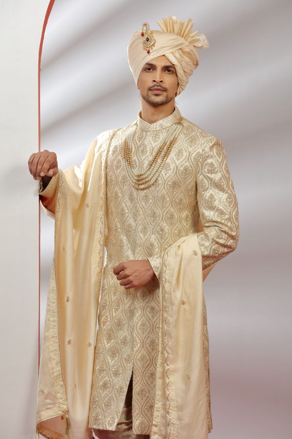 Classic Cream Silk Sherwani Set 40135 - Image 3