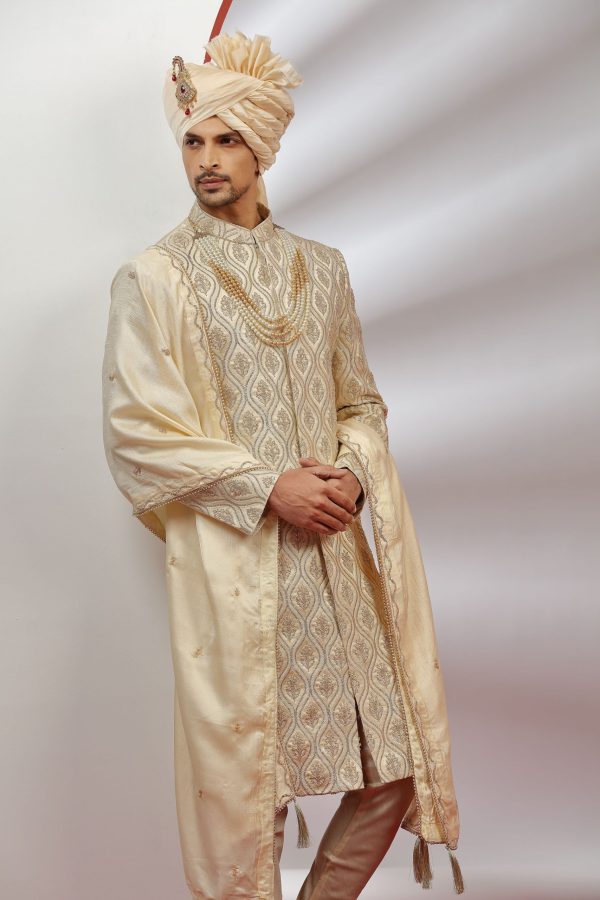 Classic Cream Silk Sherwani Set 40135 - Image 2