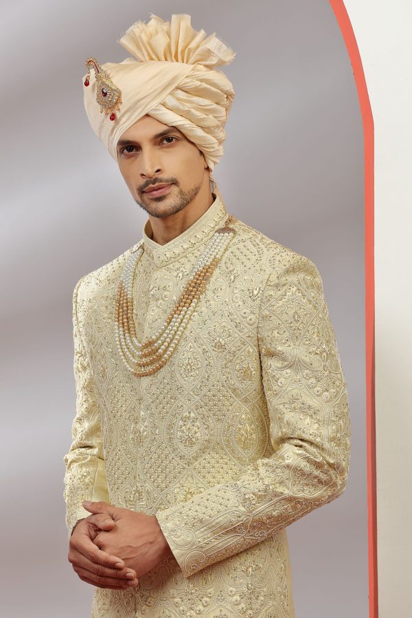 Royal Cream Gold Embroidered Sherwani Set 40134 - Image 3