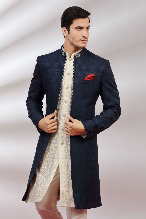 Navy Blue Jacquard Fusion Kurta Indo Western 40097