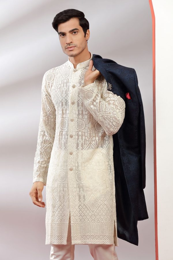 Navy Blue Jacquard Fusion Kurta Indo Western 40097 - Image 3