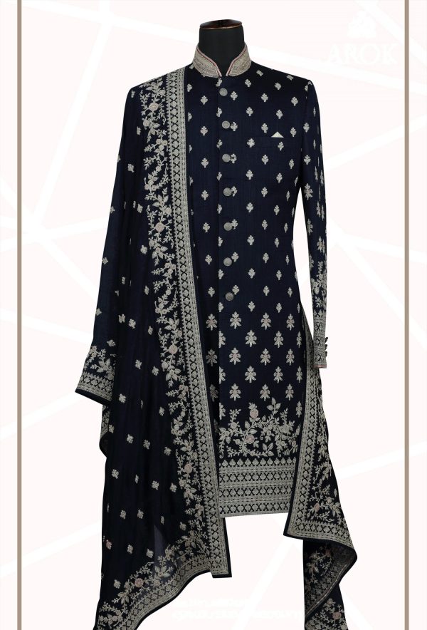 Navy Blue Embellished  Sherwani Set 1982 - Image 4