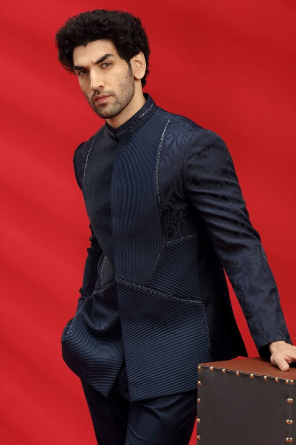 Navy color Jacquard Suiting fabric Jodhpuri 60143 - Image 3