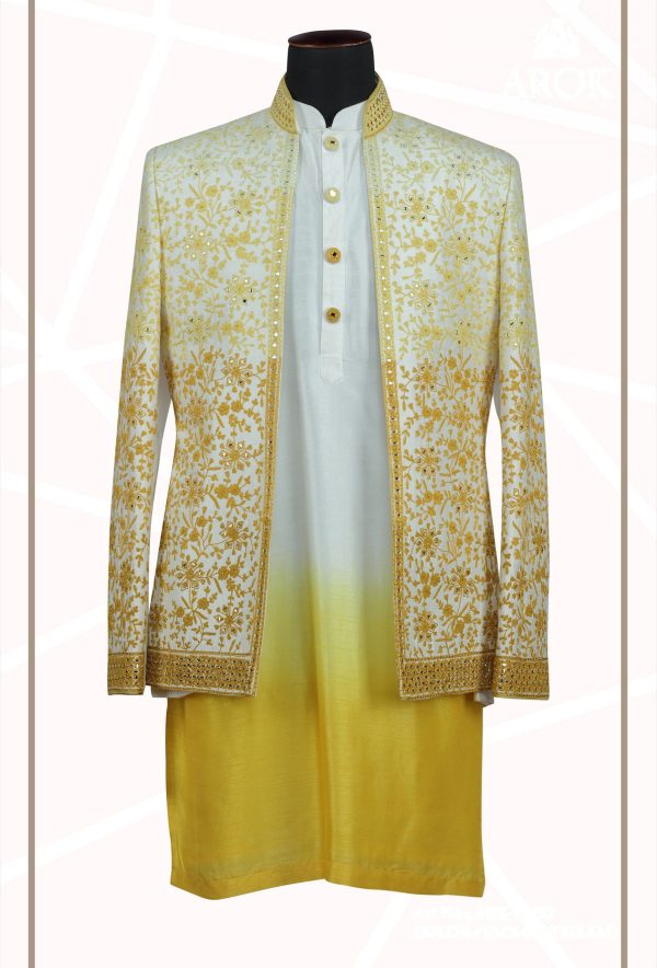 Ivory Haldi Yellow Embroidered Fusion Kurta Indo Western 70252 - Image 4