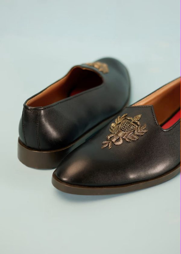 Black Loafers Juttis In Semi Leather With Zari Embroidered Motif 044H-F - Image 2