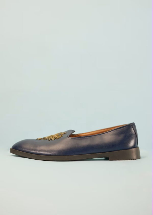 Navy Blue Loafers Juttis In Semi Leather With Zari Embroidered Motif 044H-E - Image 4