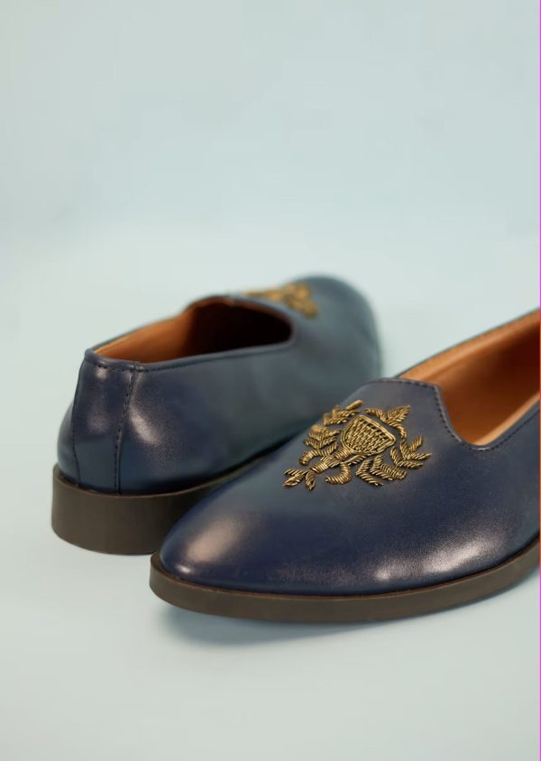 Navy Blue Loafers Juttis In Semi Leather With Zari Embroidered Motif 044H-E - Image 2