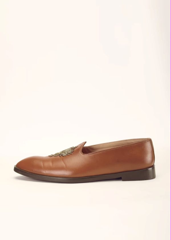 Tan Loafers Juttis In Semi Leather With Zari Embroidered Motif 044H-C - Image 3