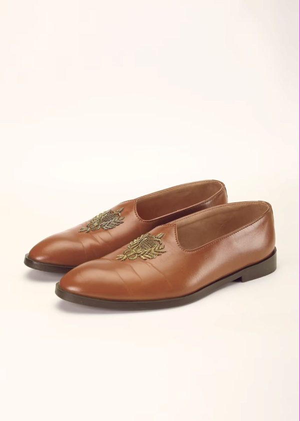 Tan Loafers Juttis In Semi Leather With Zari Embroidered Motif 044H-C