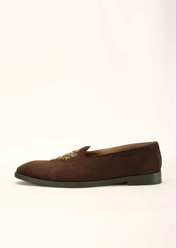 Brown Loafers Juttis In Suede With Zari Embroidered Motif 044H-B - Image 3