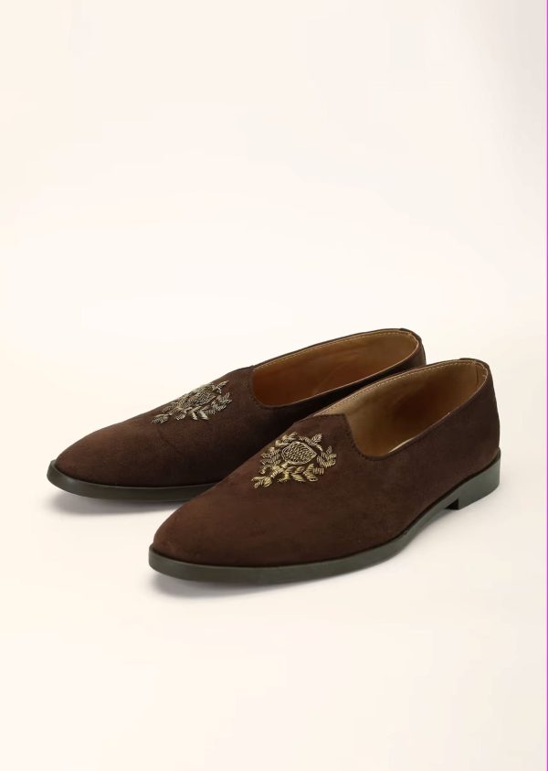 Brown Loafers Juttis In Suede With Zari Embroidered Motif 044H-B