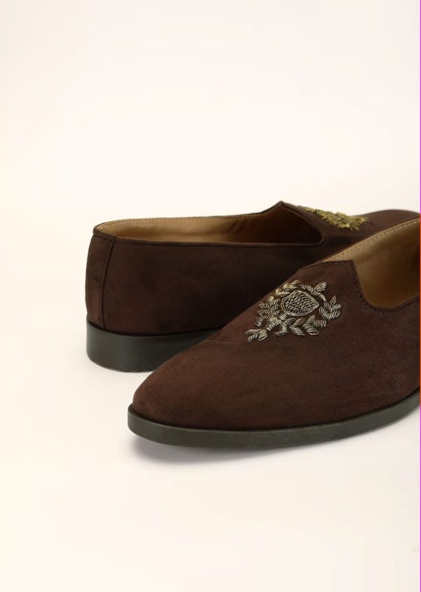 Brown Loafers Juttis In Suede With Zari Embroidered Motif 044H-B - Image 2