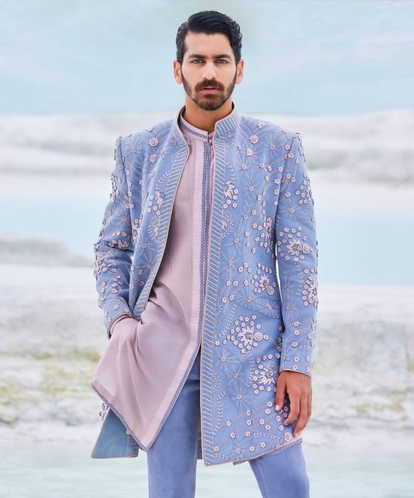 Powder Blue Grey And Pink Laser-cut Fusion Indo Western 61407