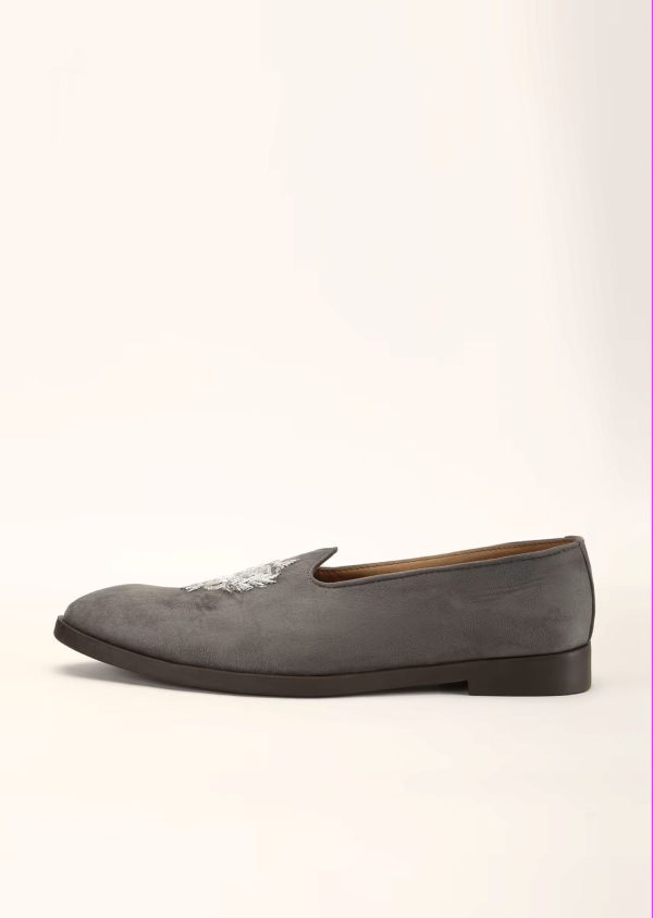 Grey Loafers Juttis In Suede With Zari Embroidered Motif 044H-A - Image 3