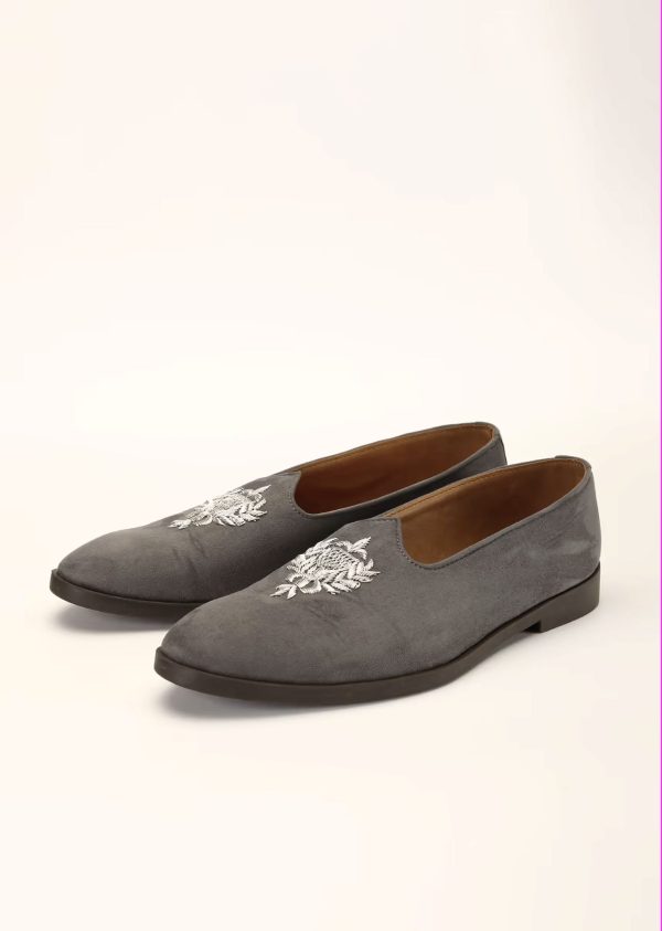 Grey Loafers Juttis In Suede With Zari Embroidered Motif 044H-A