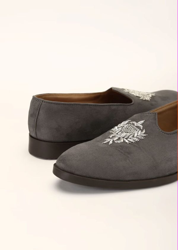 Grey Loafers Juttis In Suede With Zari Embroidered Motif 044H-A - Image 2