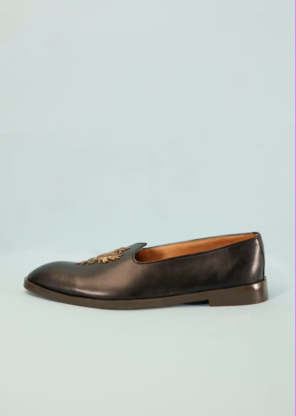 Black Loafers Juttis In Semi Leather With Zari Embroidered Motif 044H-F - Image 3