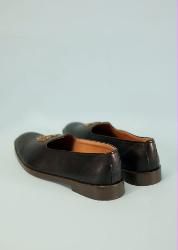 Black Loafers Juttis In Semi Leather With Zari Embroidered Motif 044H-F - Image 4