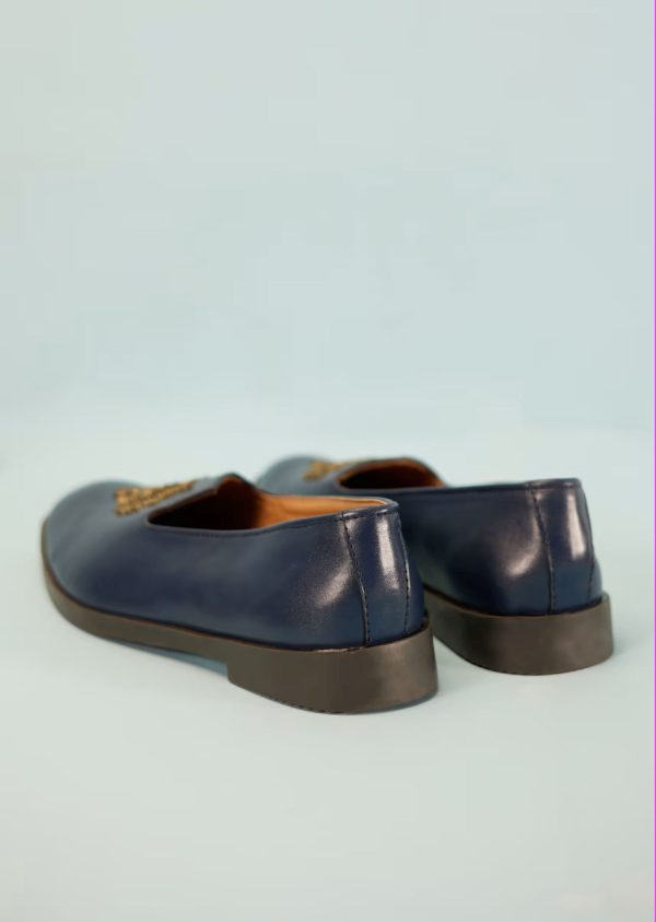 Navy Blue Loafers Juttis In Semi Leather With Zari Embroidered Motif 044H-E - Image 3