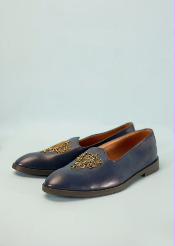 Navy Blue Loafers Juttis In Semi Leather With Zari Embroidered Motif 044H-E