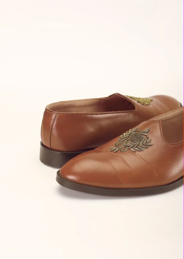 Tan Loafers Juttis In Semi Leather With Zari Embroidered Motif 044H-C - Image 2