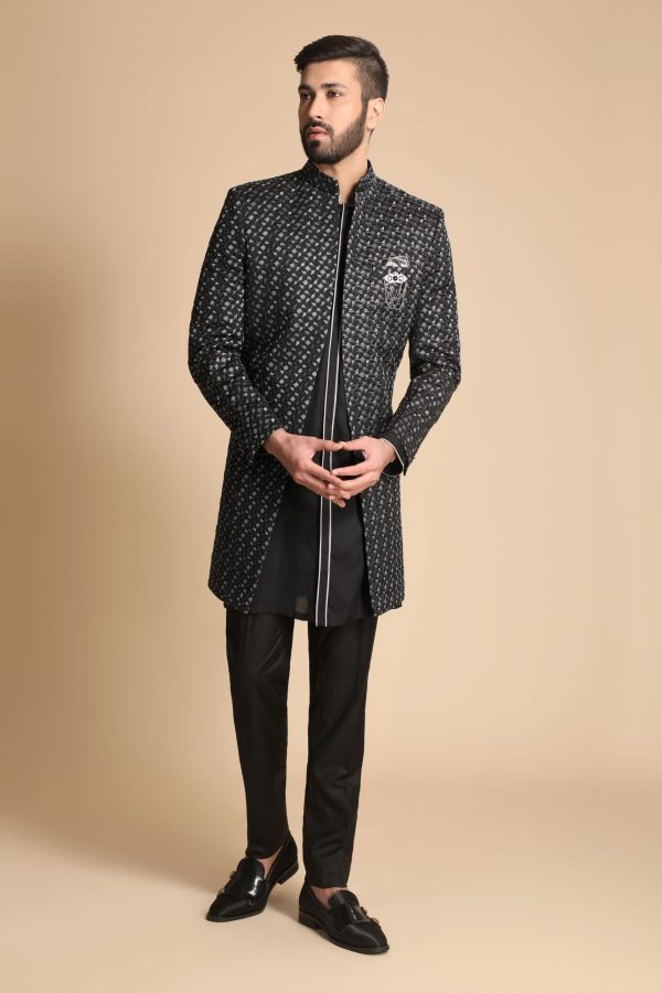 Black With Black Fusion Kurta Indo Western Sherwani Set 1173 - Image 2