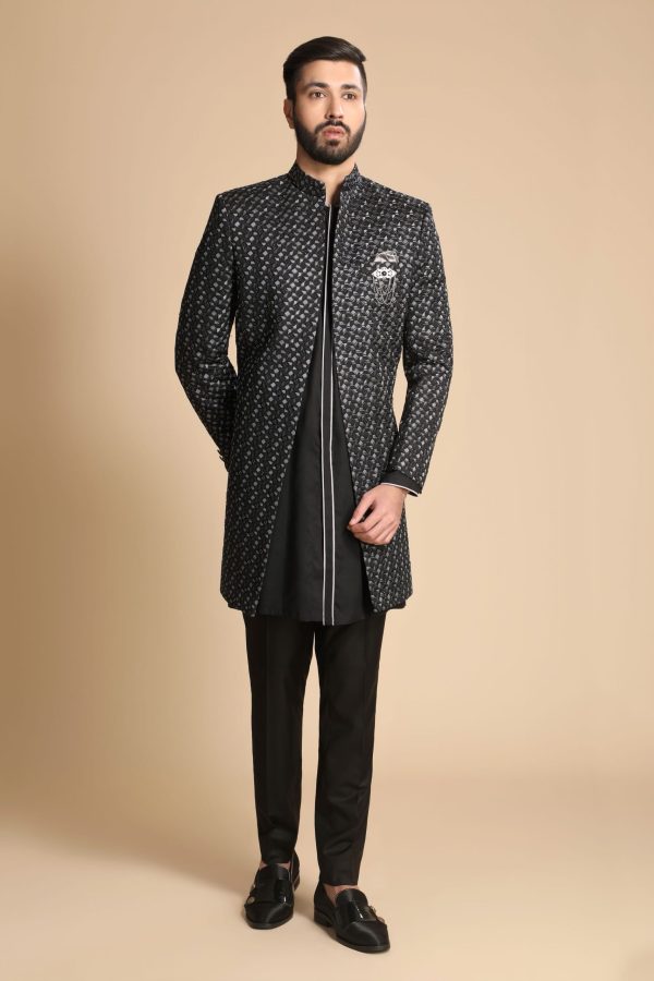 Black With Black Fusion Kurta Indo Western Sherwani Set 1173 - Image 3