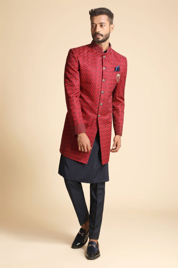 Red With Navy Fusion Kurta Indo Western 1174 - Image 4