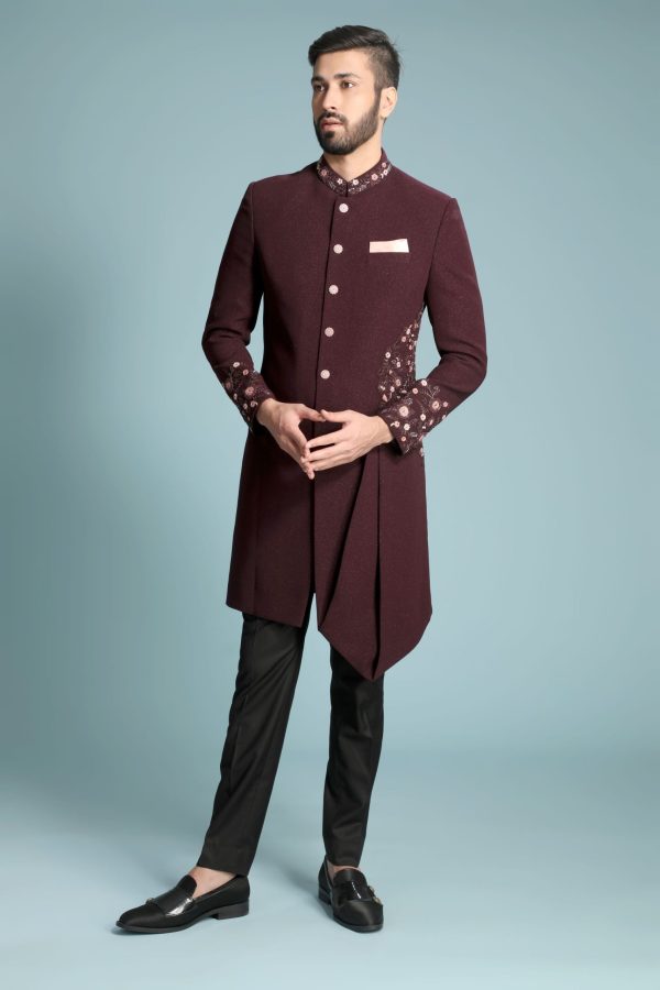 Wine Marron Embellished Cocktail Sherwani Set 1155 - Image 2